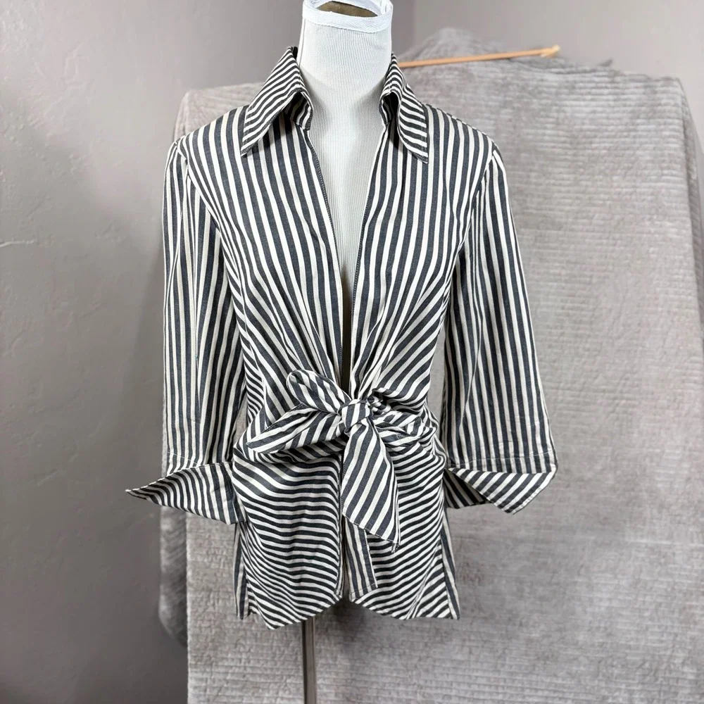 3 Sisters Black White Striped 100% Linen Tie Front Wrap Blouse Top L 3S539 USA